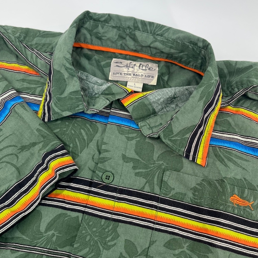 Salt Life Button Down Shirt Mens Large Green Striped Tropical Short Sleeve